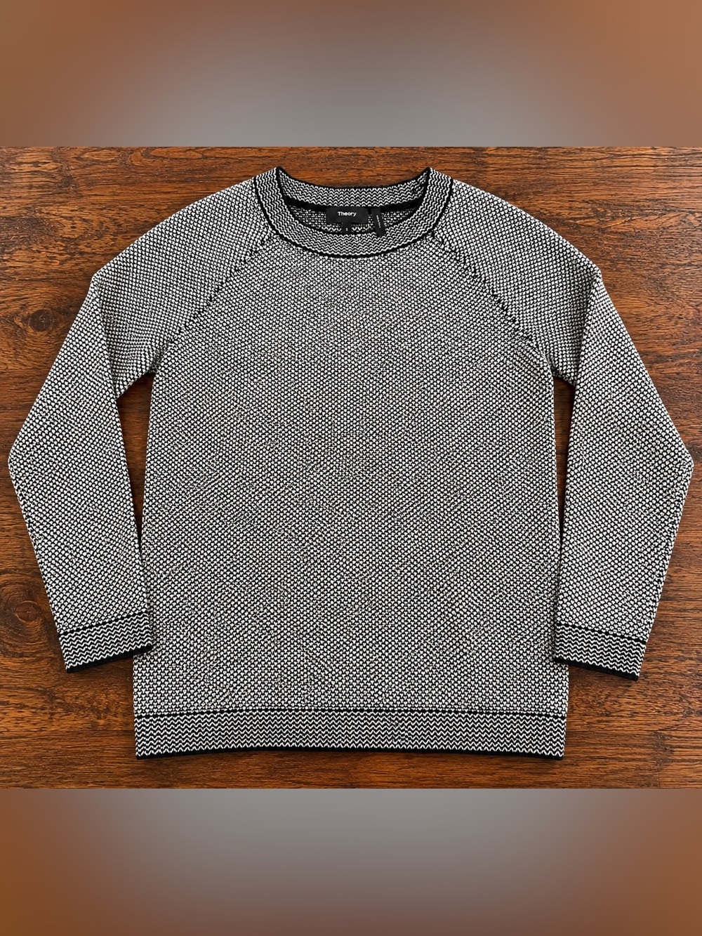 Theory Soft Cashmere Textured Knit Crewneck Sweater Black Cream Size S